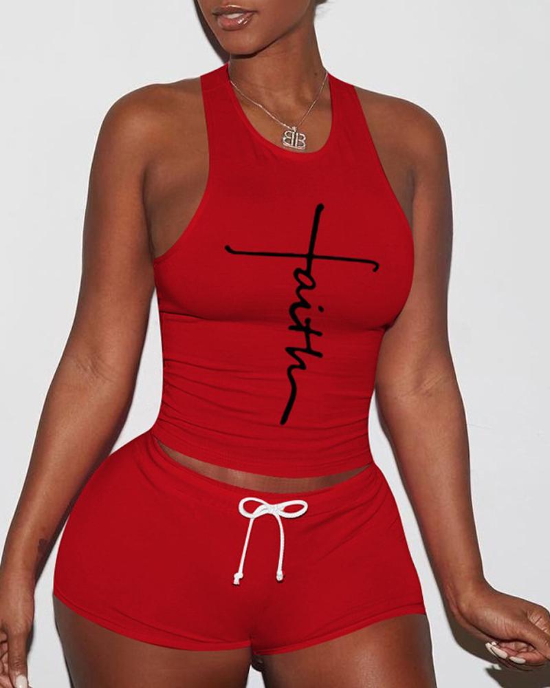 

Letter Print Tank Top & Drawstring Shorts Set, Red