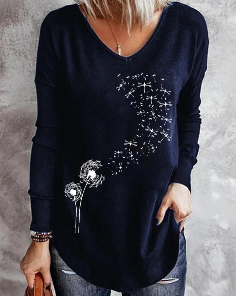 

Dandelion Print V-Neck Long Sleeve T-shirt, Dark blue