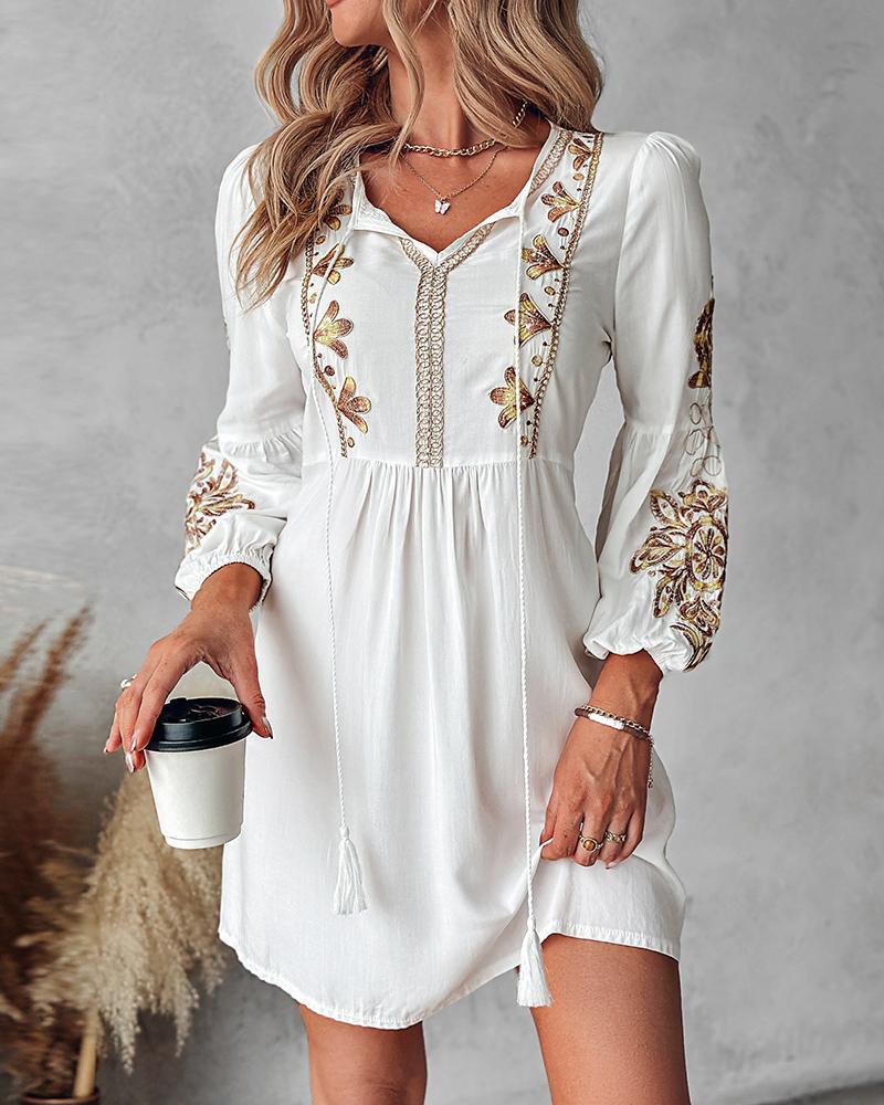 

Floral Embroidery Tied Detail Casual Dress, White