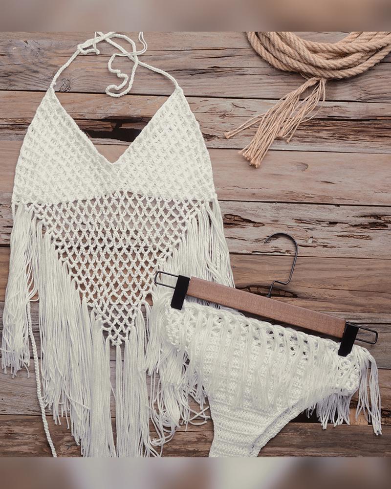 

Tassel Design Crochet Hollow Out Bikini Set, White