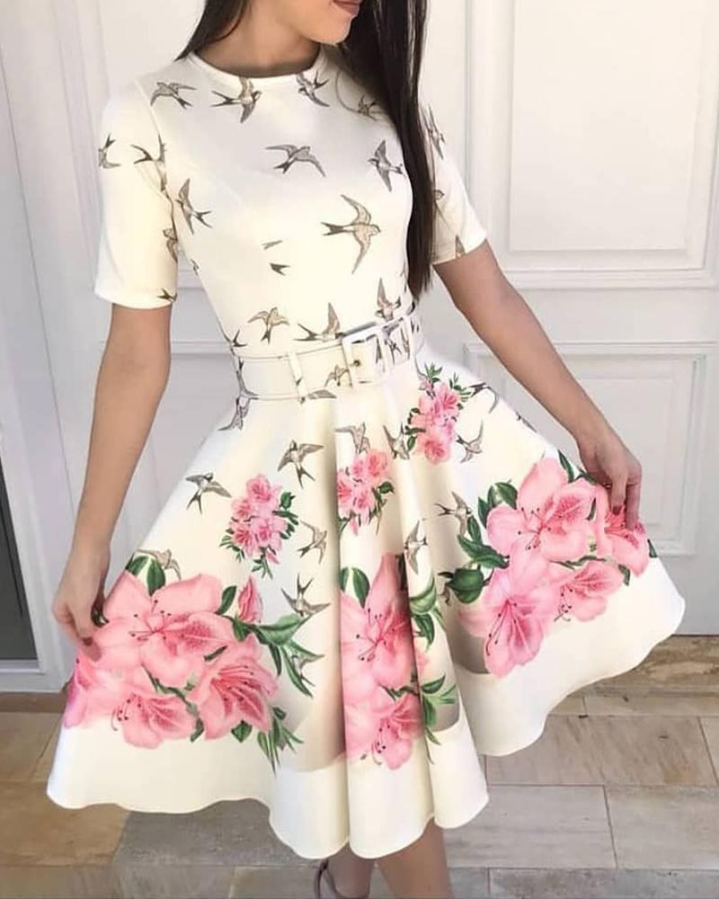 

Floral Bird Print Short Sleeve Dress, Beige