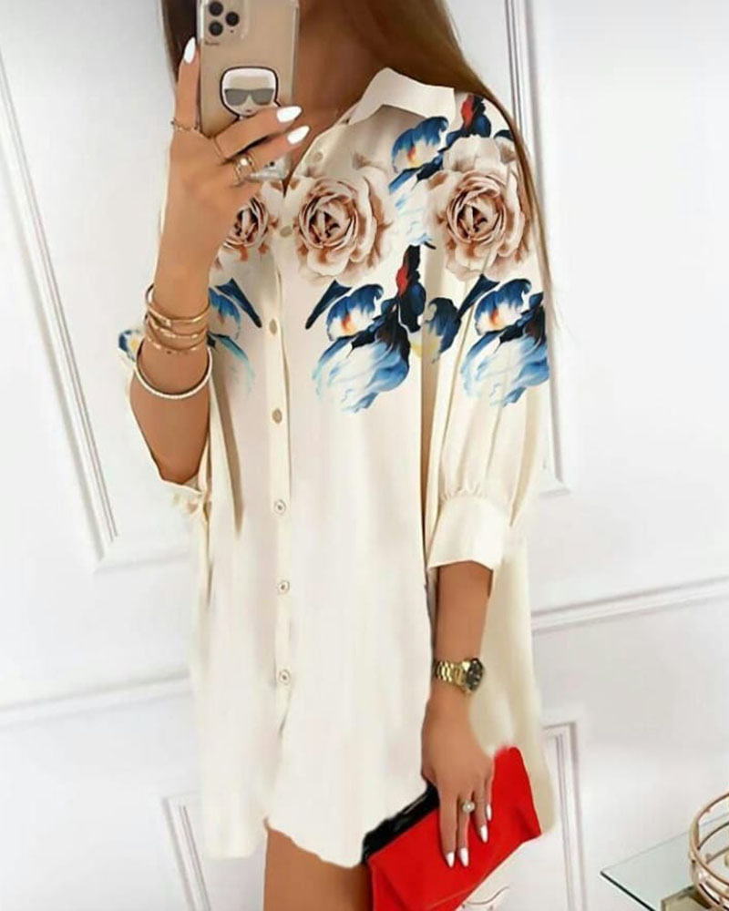 

Floral Print Button Design Casual Shirt Dress, Apricot