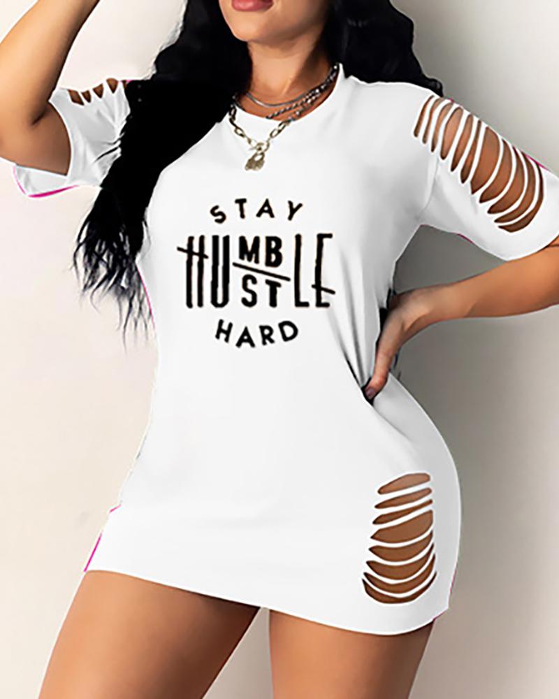 

Letter Print Ladder Cutout Short Sleeve T-shirt Dress, White