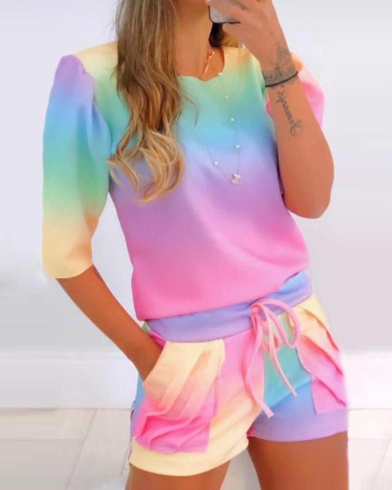 

Ombre Colorblock T-Shirt & Drawstring Shorts Sets, Multicolor