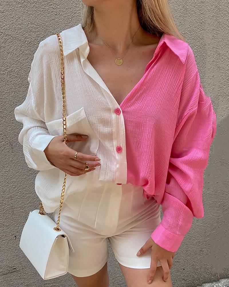 

Long Sleeve Buttoned Pocket Design Colorblock Top, Pink