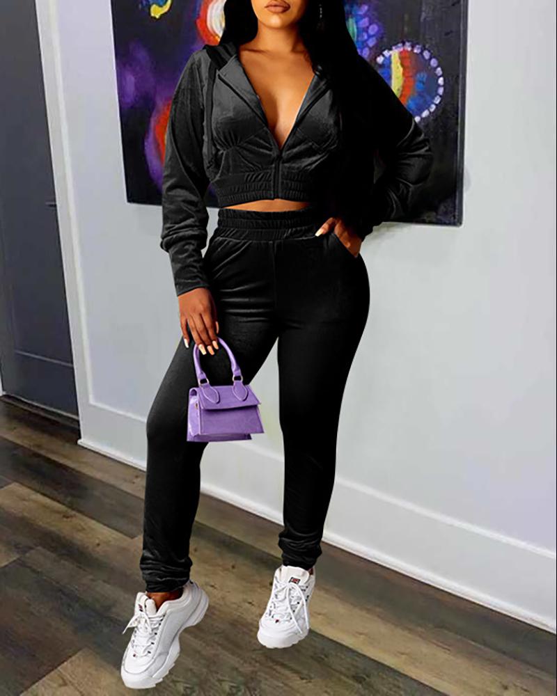 

Zipper Design Hooded Top & High Waist Pants Set, Black