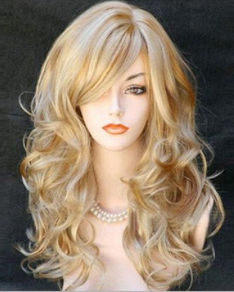 

24Inch Long Curly Hair Wig Natural Looking Synthetic Wavy Full Wigs, Gold