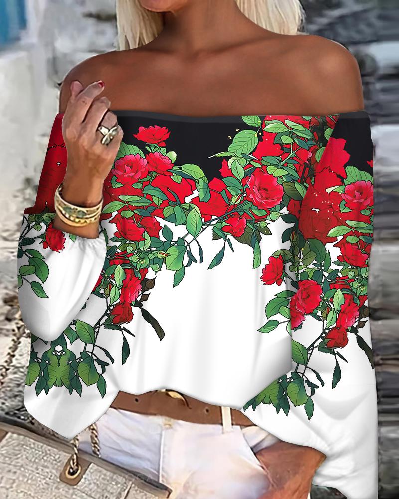 

Floral Print Off Shoulder Top, Red