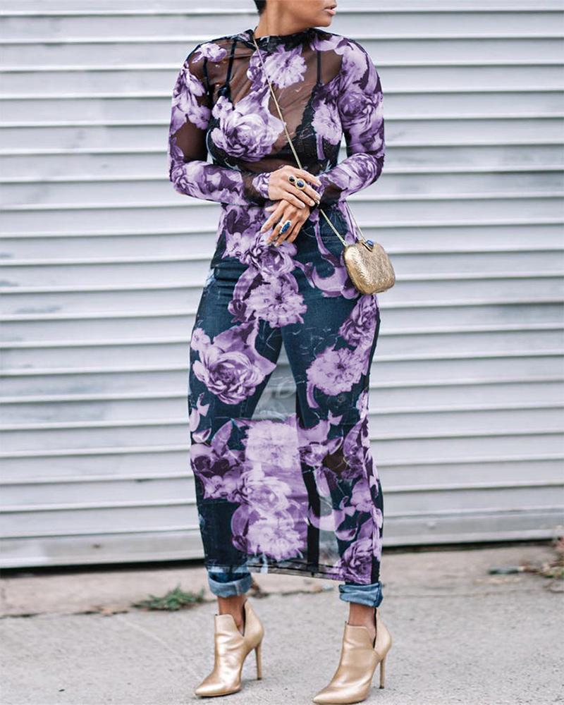 

O-Neck Sheer Mesh Floral Print Bodycon Dress, Purple