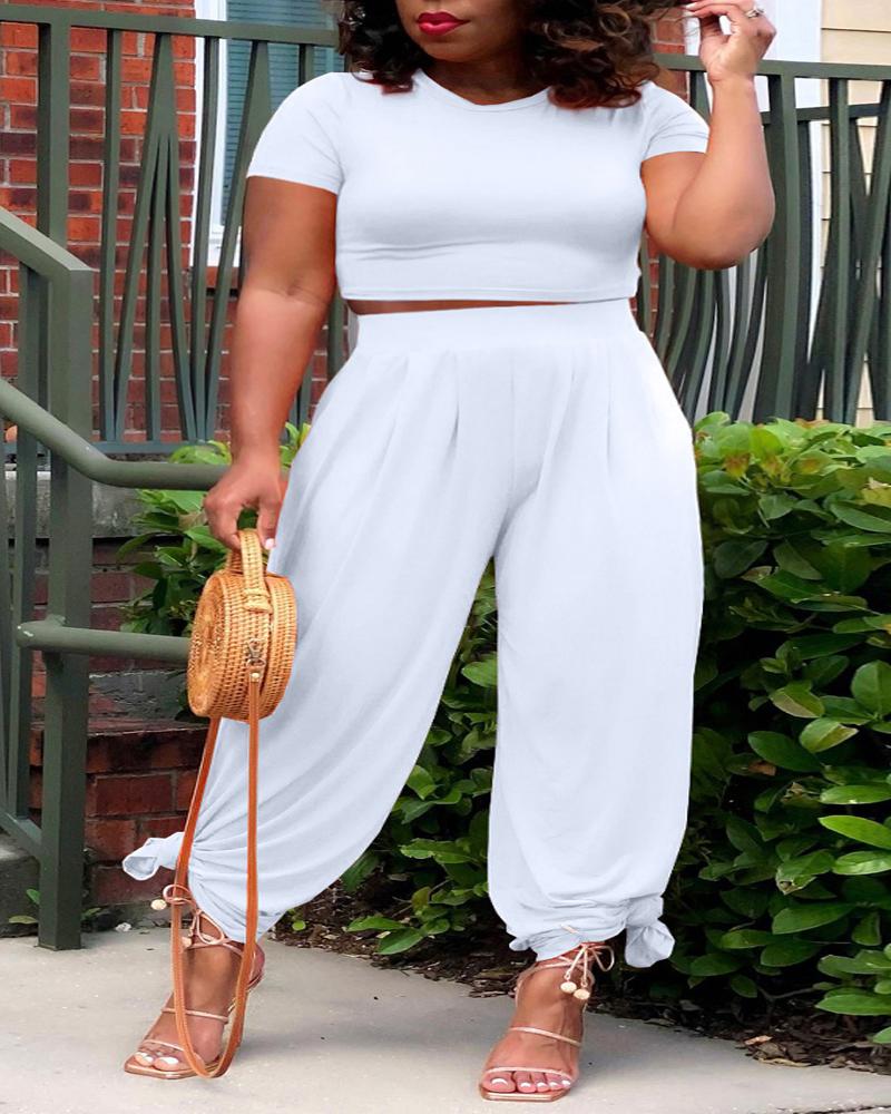 

Plus Size Casual Crop Top & High Waist Pants Set, White