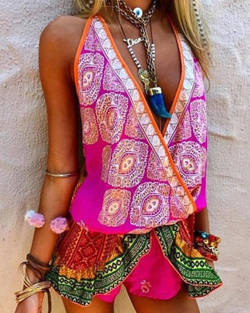 

Paisley Print V-Neck Sleeveless Romper, Pink