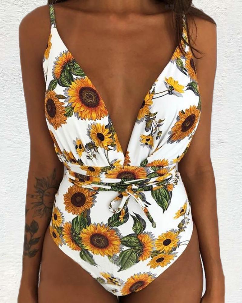

Print Spaghetti Strap One Piece Swimsuit, White