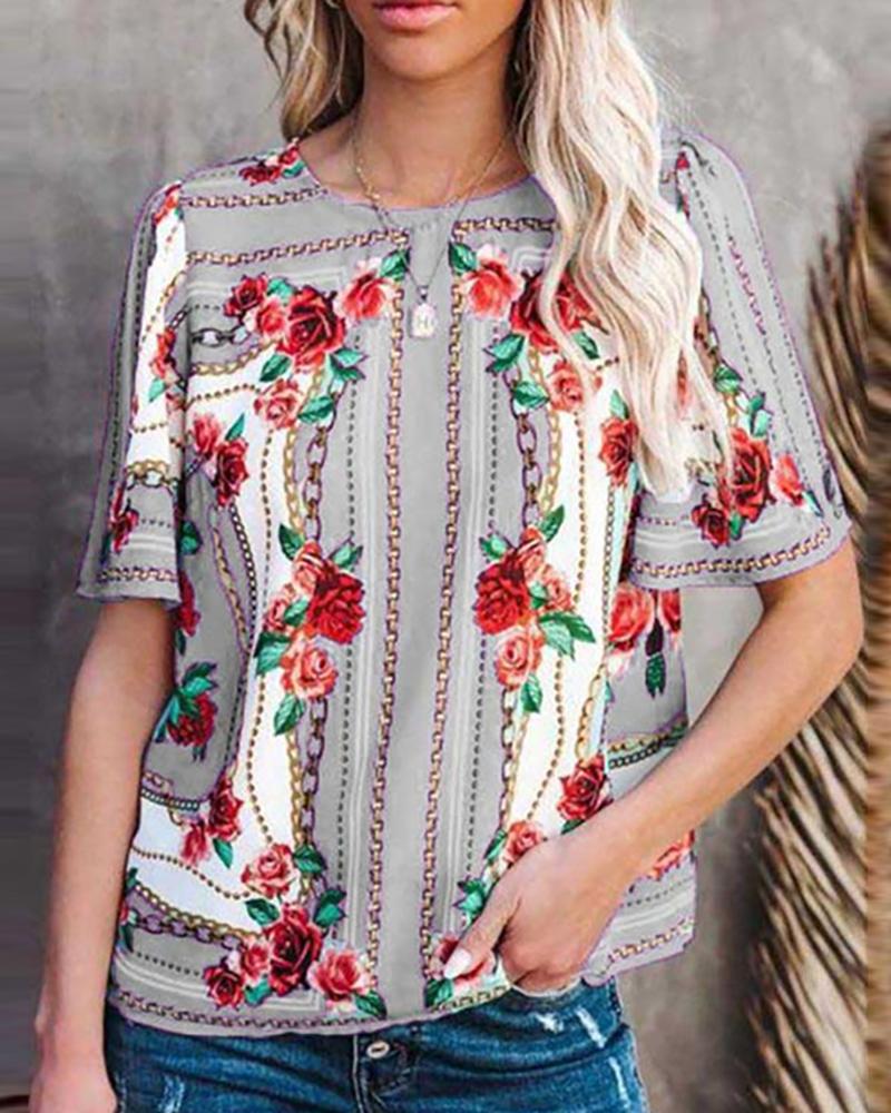 

Floral Chain Print Half Sleeve Casual Top, Gray