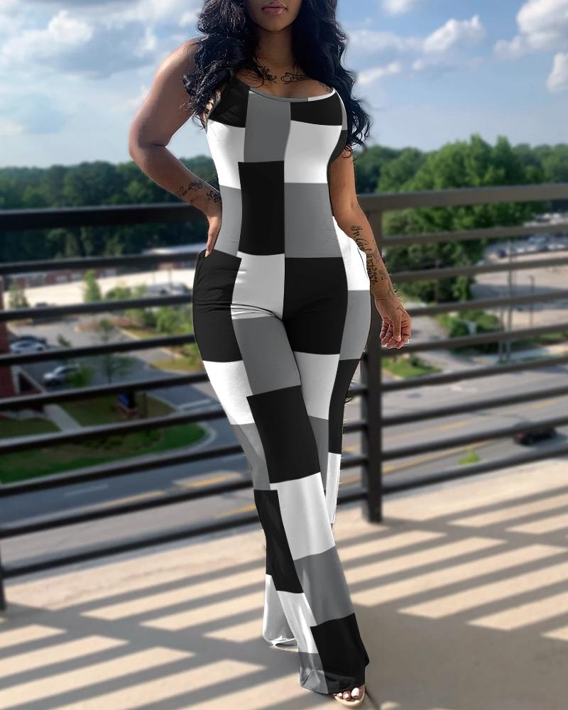 

Geometric Print U-Neck Spaghetti Strap Jumpsuit, Blackwhite