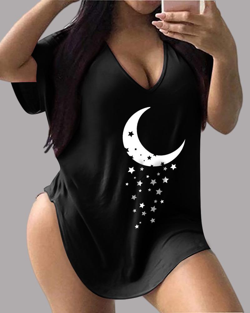 

Star Moon Print V-Neck Short Sleeve T-shirt, Black