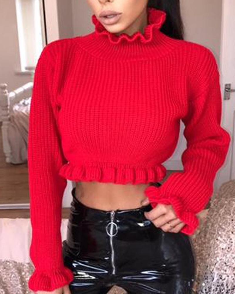 

High Neck Frill Hem Knit Crop Top, Red