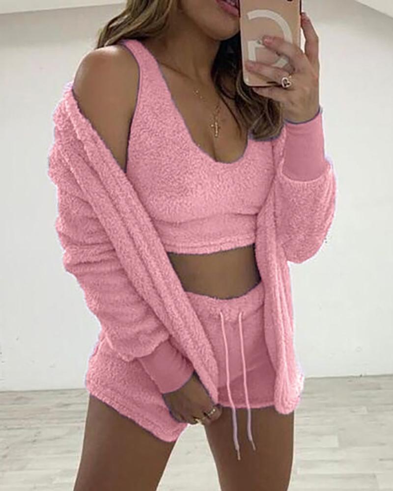 

Fluffy Drawstring Pajamas Set With Cardigan, Pink
