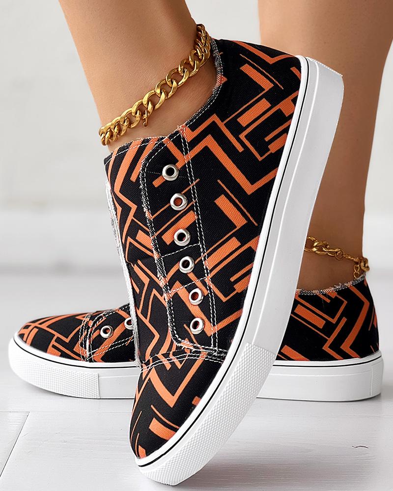 

Geometric Print Eyelet Slip On Canvas Sneakers, Black&orange