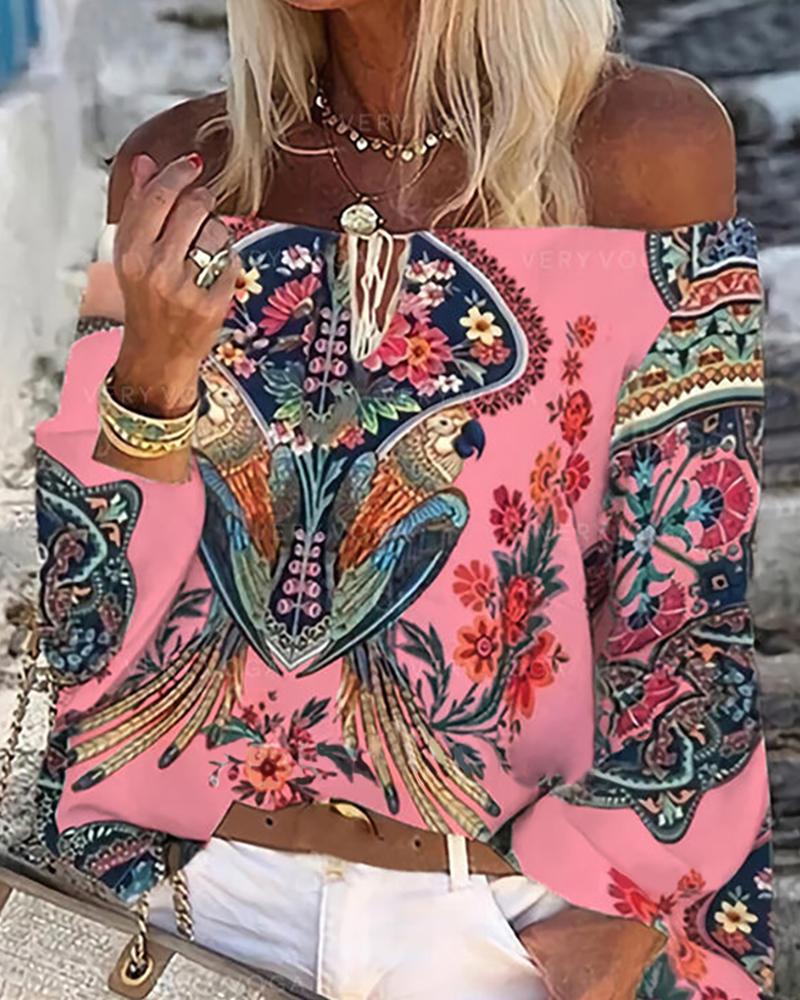 

Floral Print Off Shoulder Lace Up Top, Pink