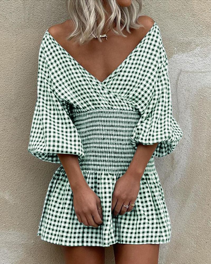 

Plaid Lantern Sleeve Shirring Detail Casual Dress, Green