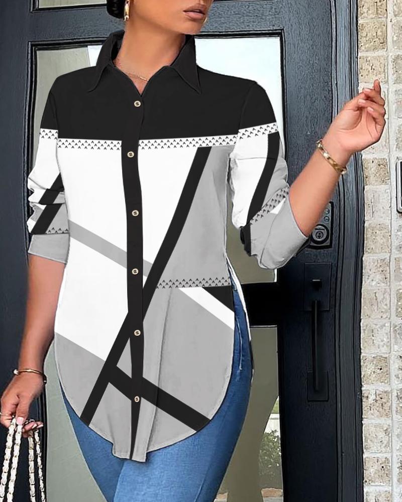 

Plus Size Geometric Print Colorblock Buttoned Shirt, White