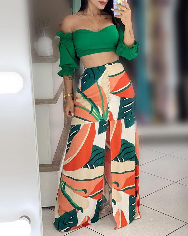 

Off Shoulder Crop Top & Tropical Print Split Skirt Set, Green