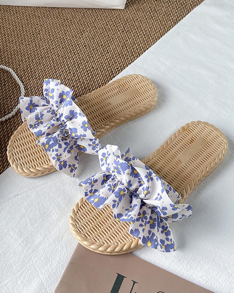 

Ruched Band Ditsy Floral Print Slippers, Blue