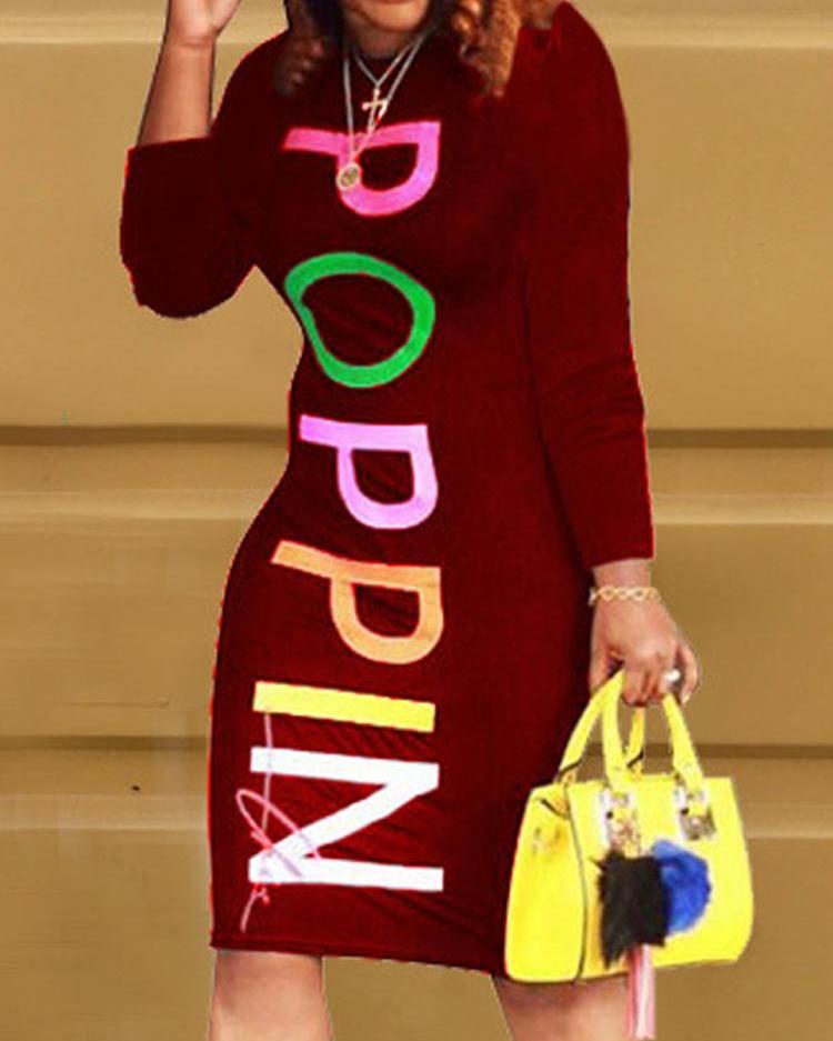 

Letter Print Long Sleeve Bodycon Dress, Wine red