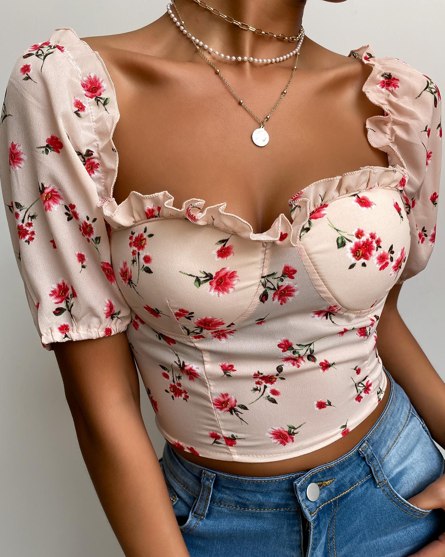 

Floral Print Frill Hem Half Sleeve Crop Top, Pink