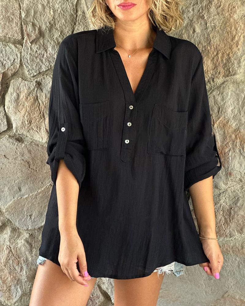 

Roll Up Sleeve Buttoned Pocket Design Shirt, Black