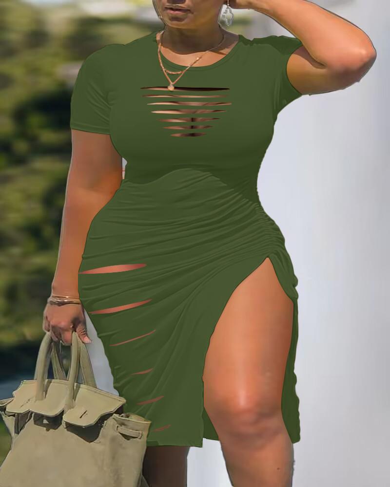 

Plus Size Ladder Cutout Drawstring Ruched High Slit Dress, Army green