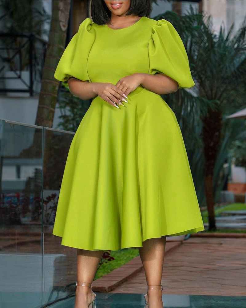 

Puff Sleeve Round Neck Ruched Party Dress, Green