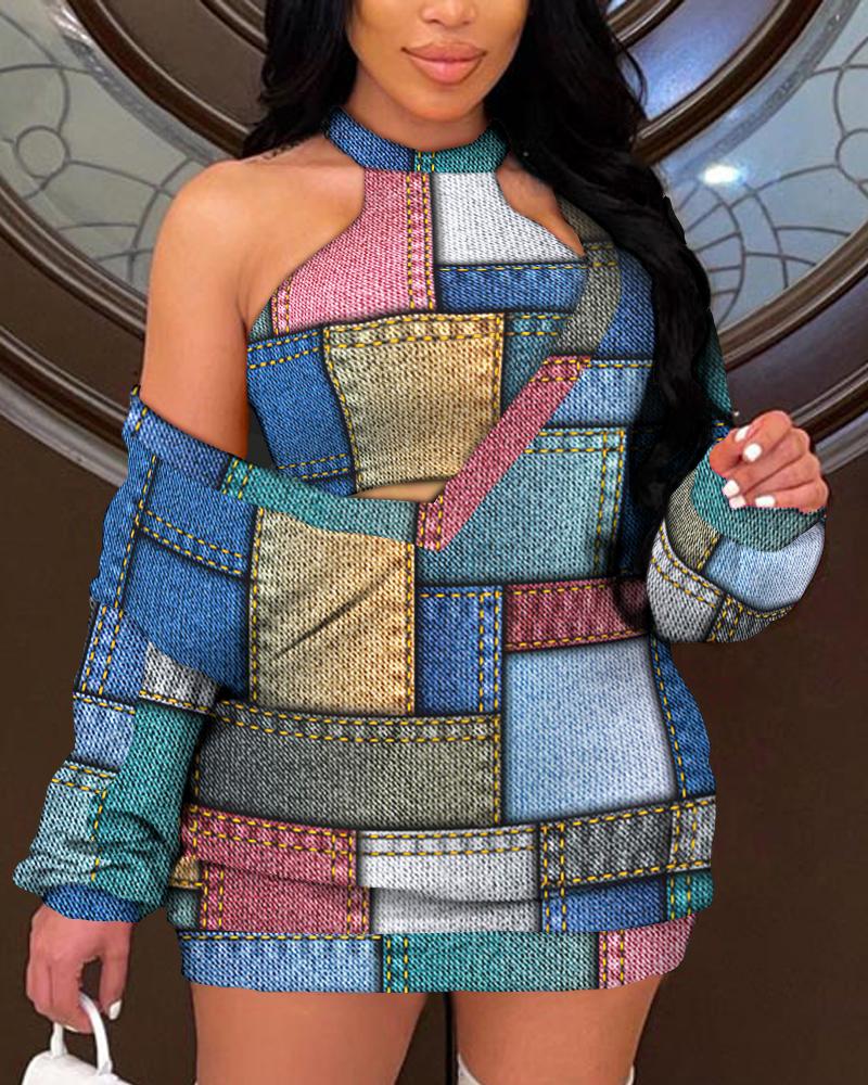 

Denim Look Print Sweatshirt Dress With Crop Tank Top, Multicolor