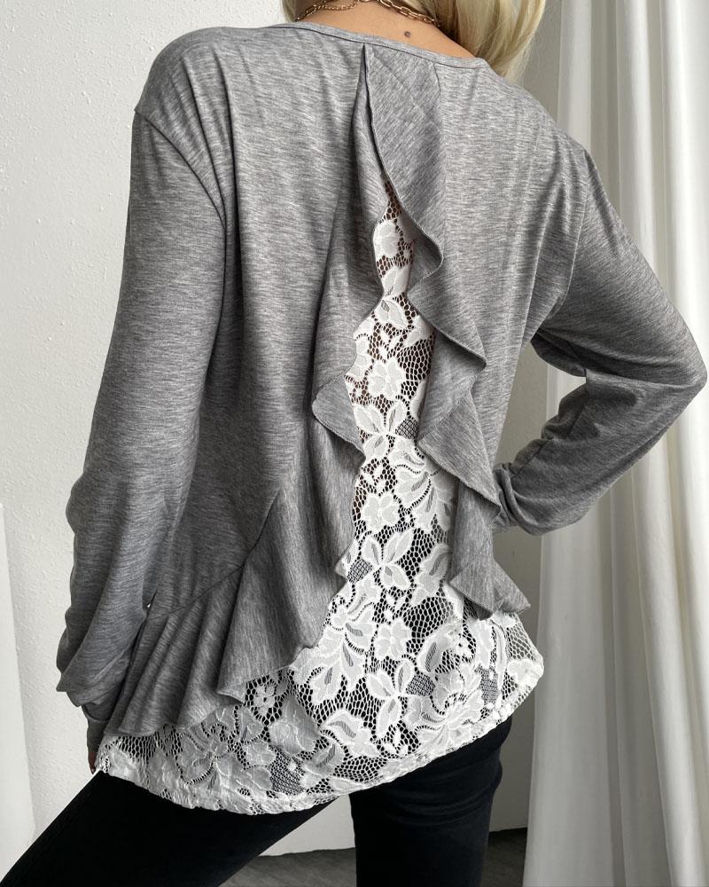 

Contrast Lace Long Sleeve Casual Top, Light gray