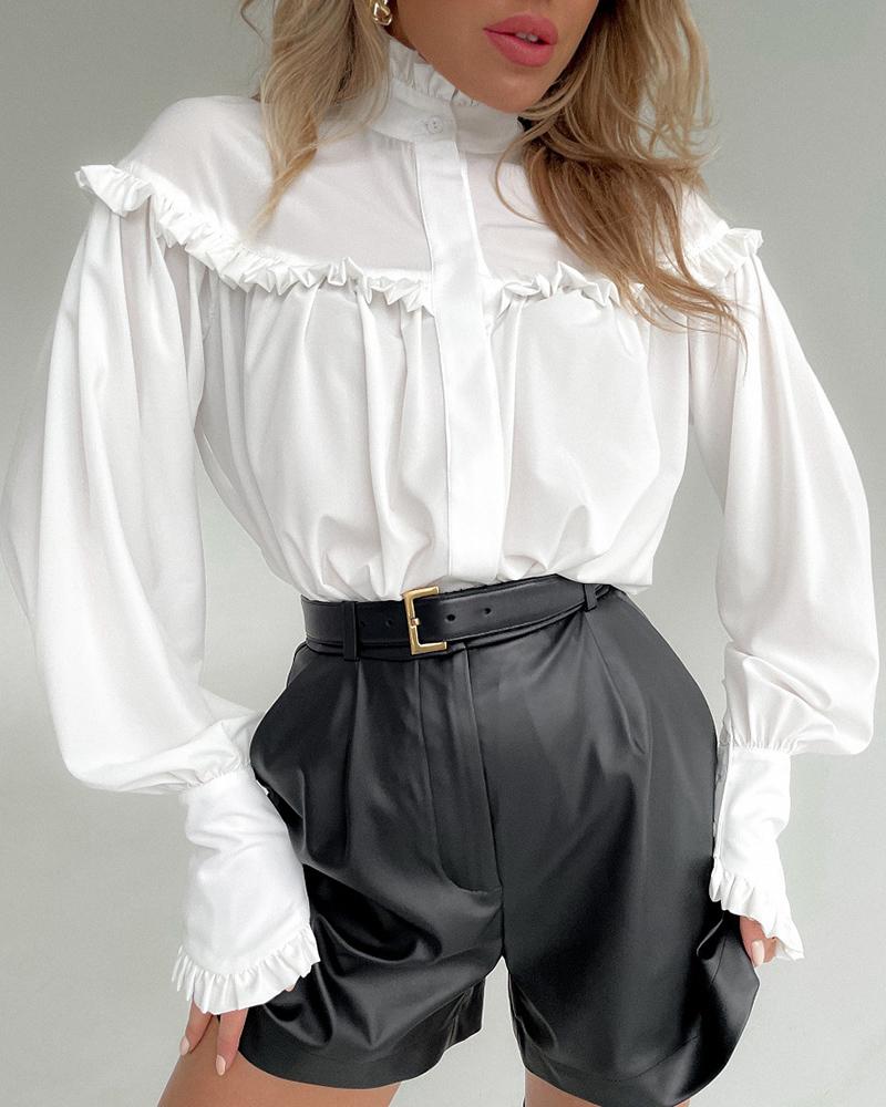 

Lantern Sleeve Frill Hem Button Decor Shirt, White