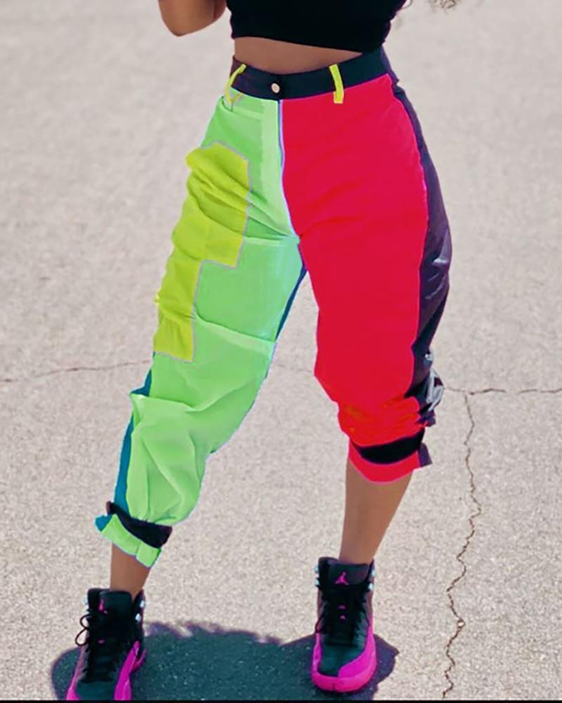 

Colorblock Tie Detail Cargo Cropped Pants, Green