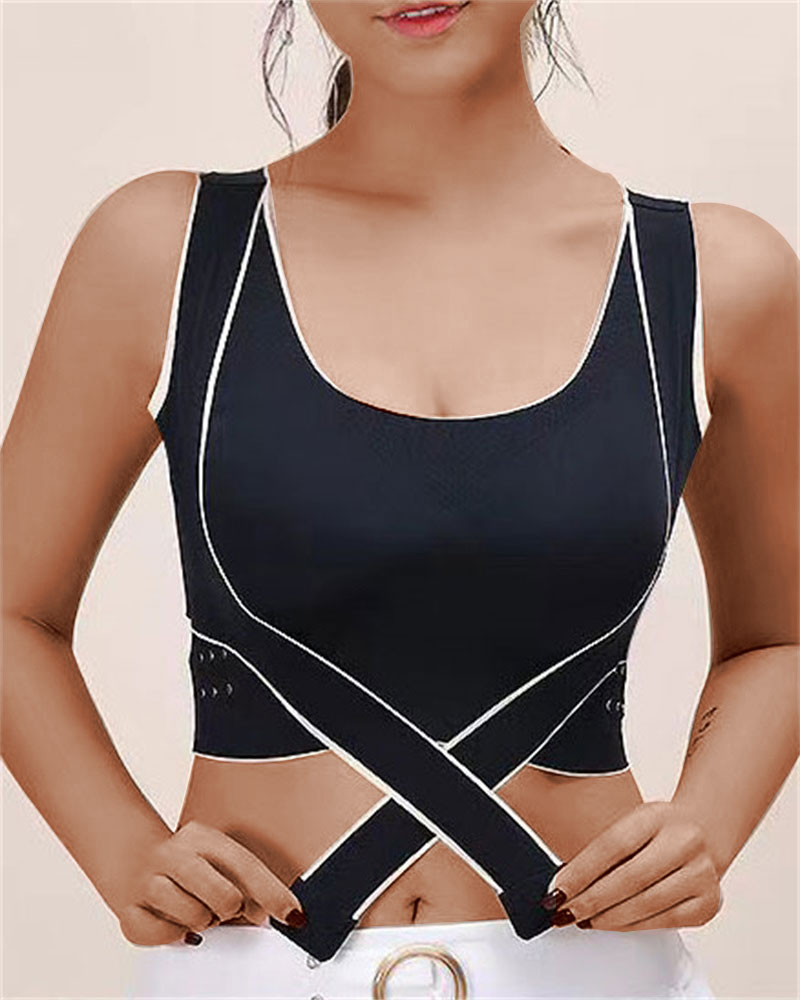 

Contrast Binding High Support Crisscross Sports Bra, Black