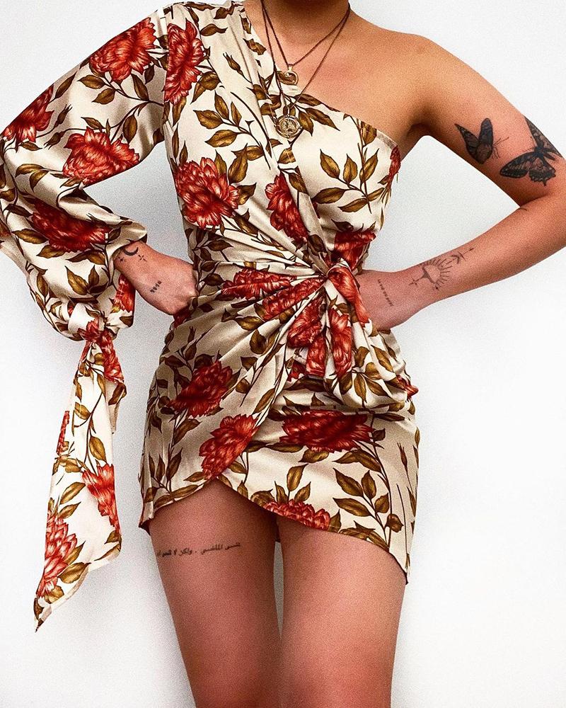 

One Shoulder Ruched Tied Detail Floral Print Dress, Beige