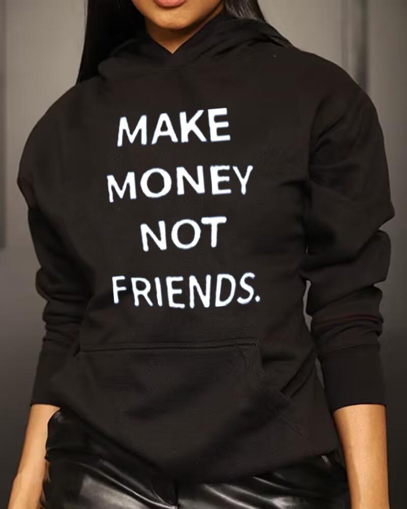 

Letter Print Long Sleeve Casual Hoodie, Black