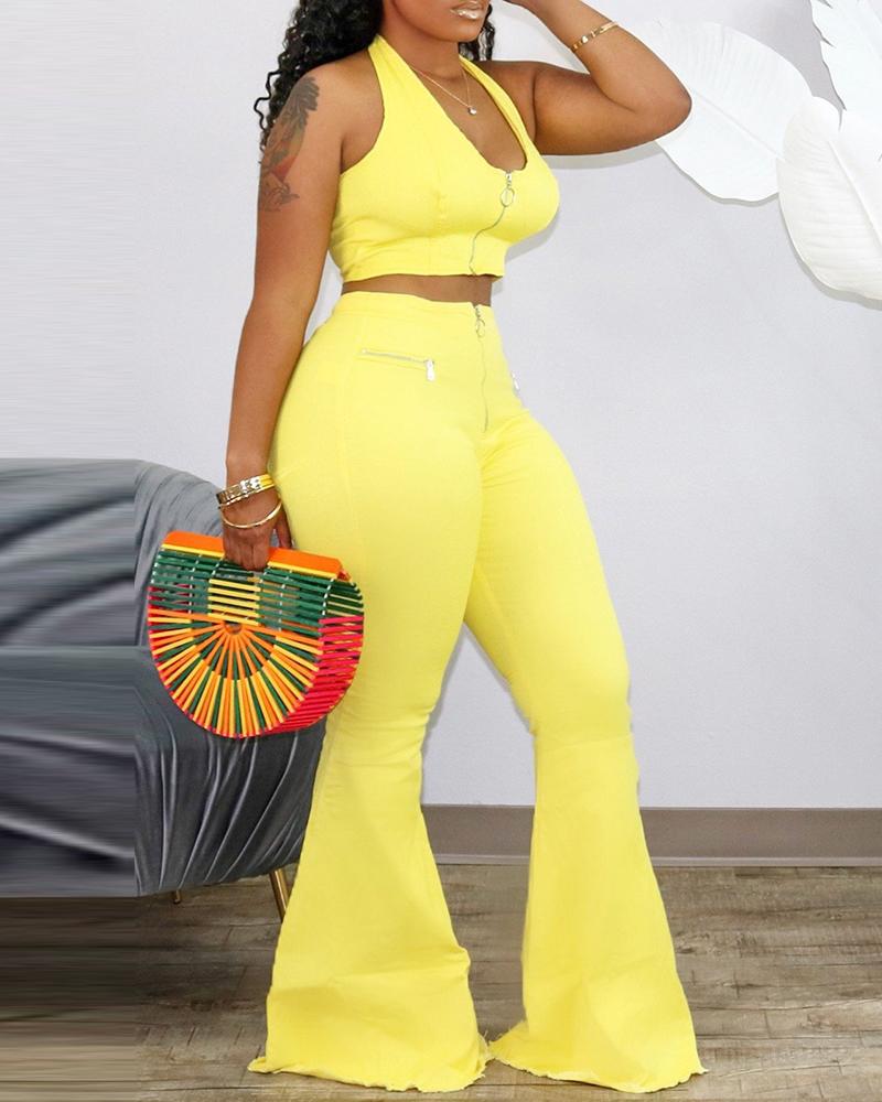 

Zipper Design Halter Top & High Waist Bootcut Pants Sets, Yellow