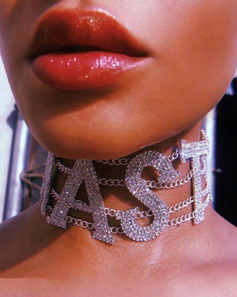 

Letter Pattern Rhinestone Chain Choker, Silver