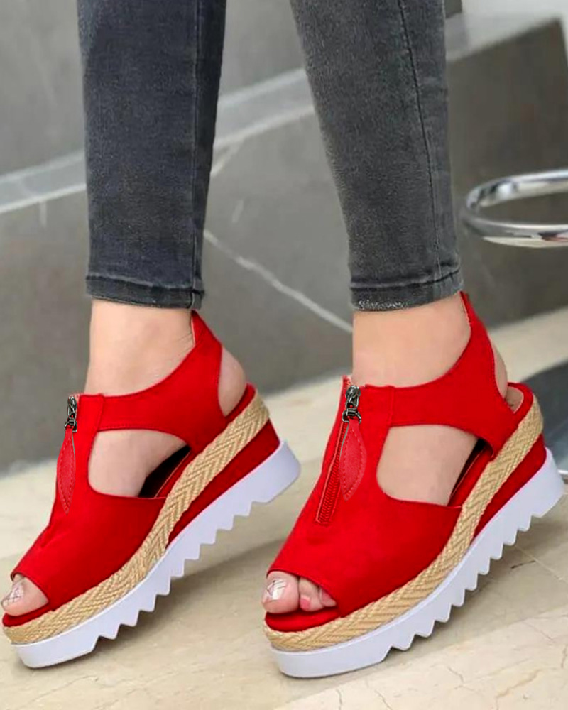 

Zipper Design Hollow Out Wedge Sandals, Red