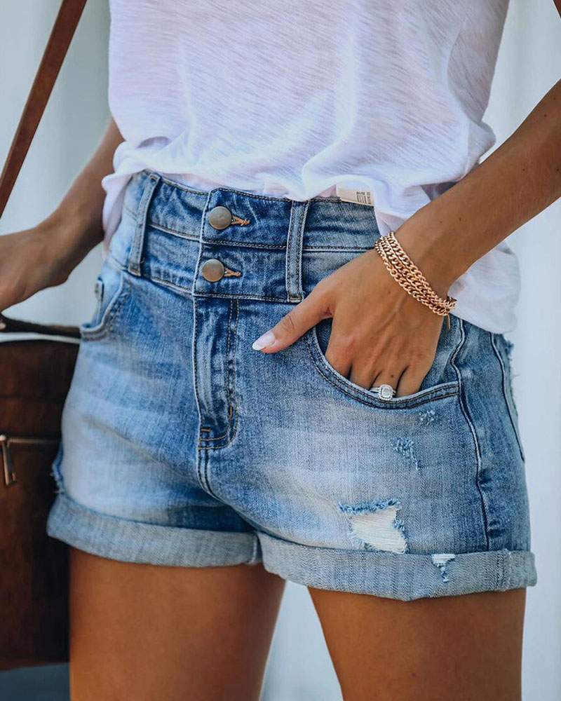 

Zipper Fly Ripped Roll Hem Denim Shorts, Lighted blue