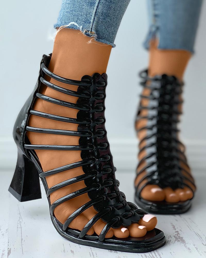 

Square Toe Multi Strap Pyramid Chunky Heels, Black