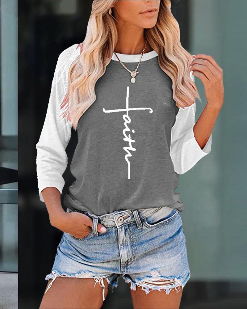 

Letter Print Raglan Sleeve Casual Top, Gray