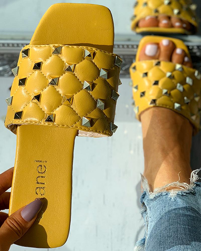 

Quilted Rivet Decor Square Toe Flat Sandals, Yellow