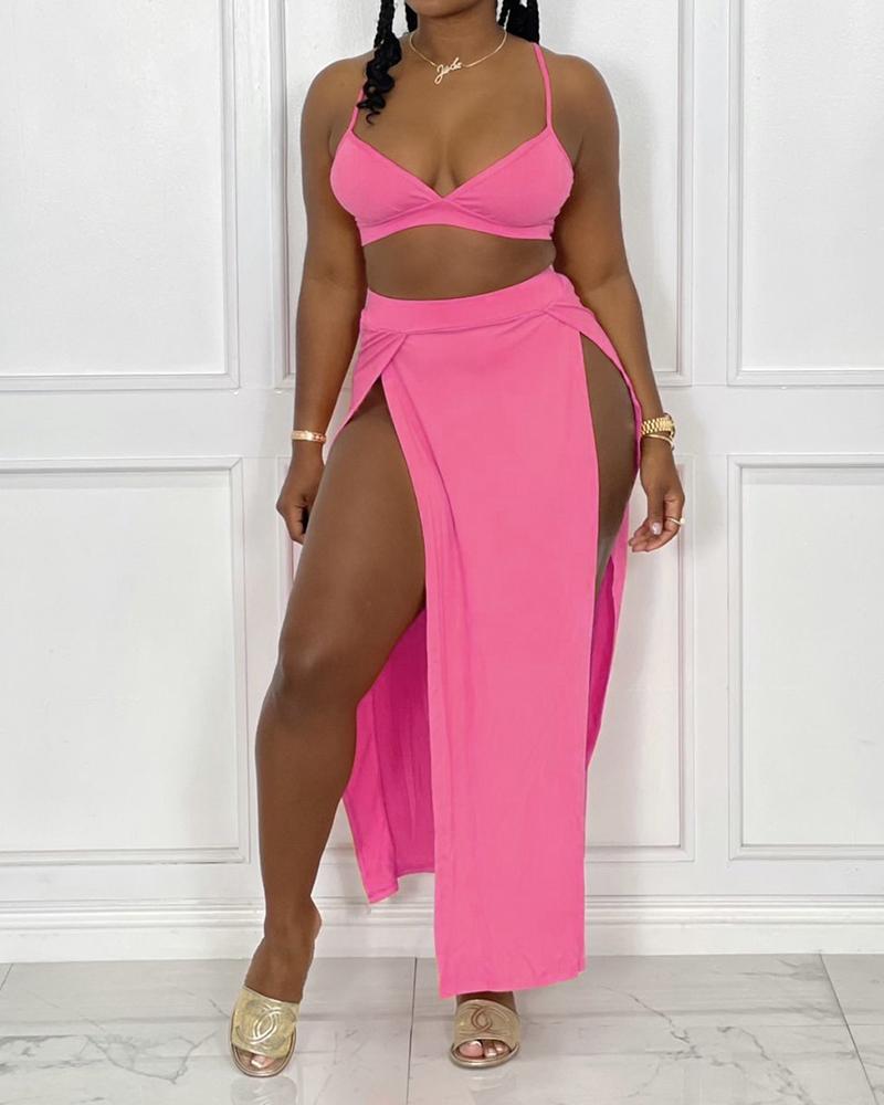 

Bust Crop Top & Split Thigh Skirt Set, Hot pink