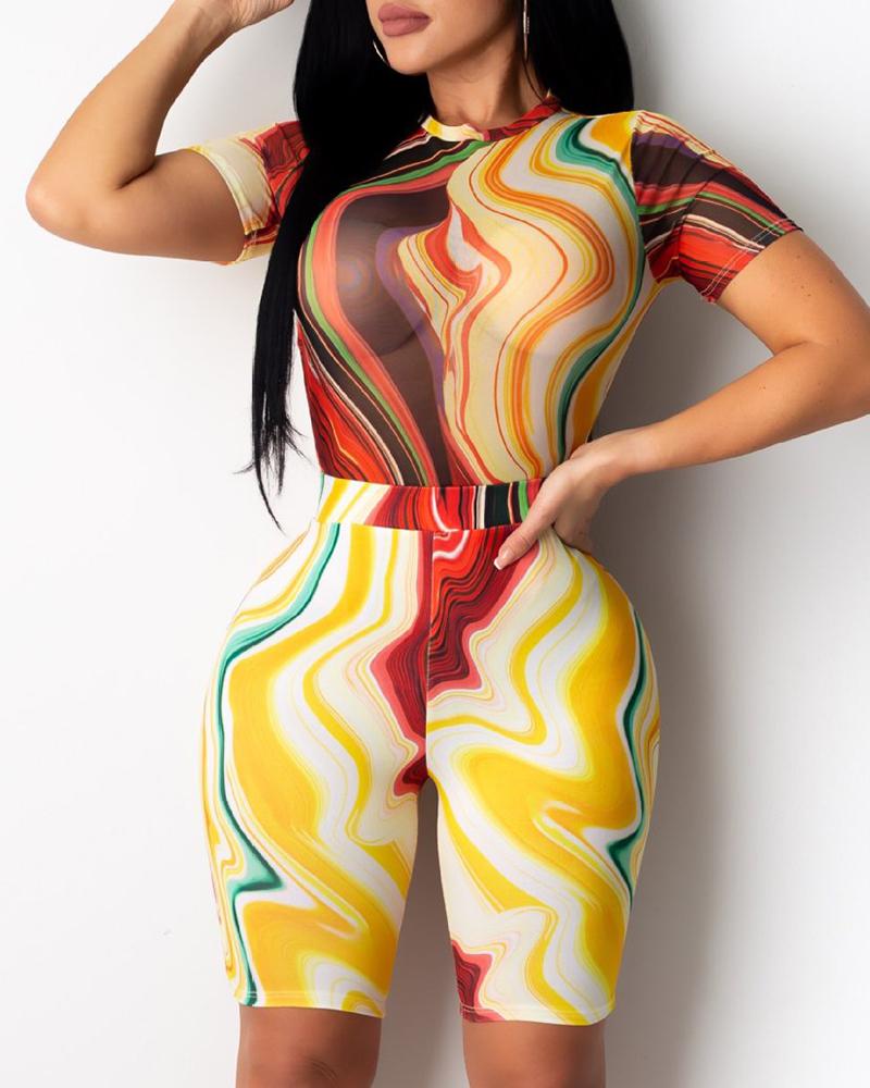 

Tie Dye Print Short Sleeve Top & Shorts Set, Orange