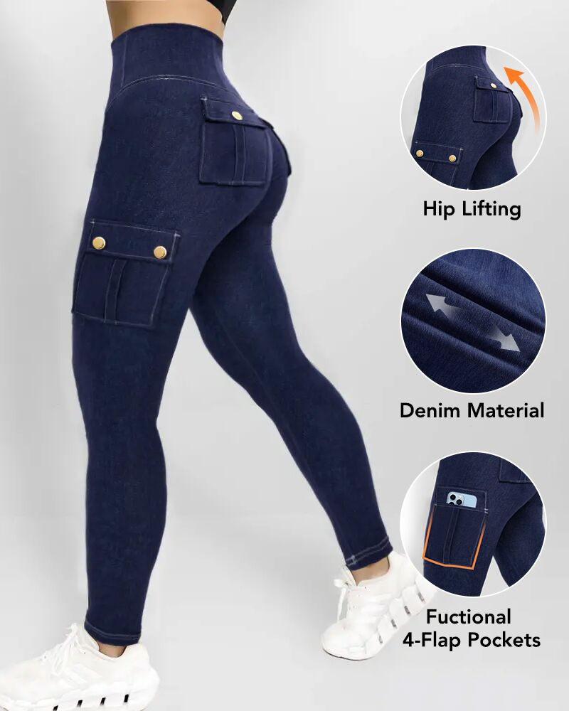 

Leggings de yoga elásticos de cintura alta con control de abdomen y realce de glúteos, estilo vaquero, con bolsillos con solapa, Dark blue