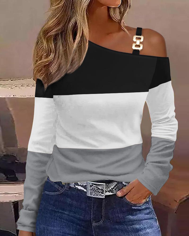 

Colorblock Cold Shoulder Long Sleeve Top, Blackwhite